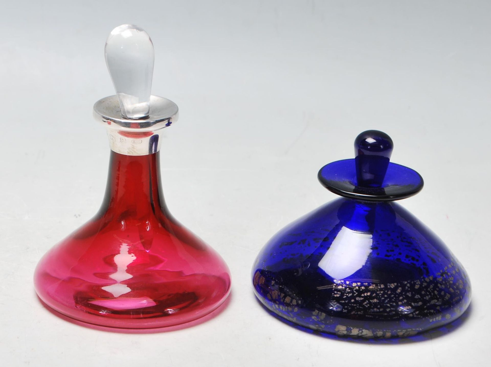 TWO VINTAGE RETRO PERFUME BOTTLES OF CONICAL FORM WITH STOPPERS