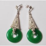 SILVER CZ AND JADE ANTIQUE STYLE EARRINGS