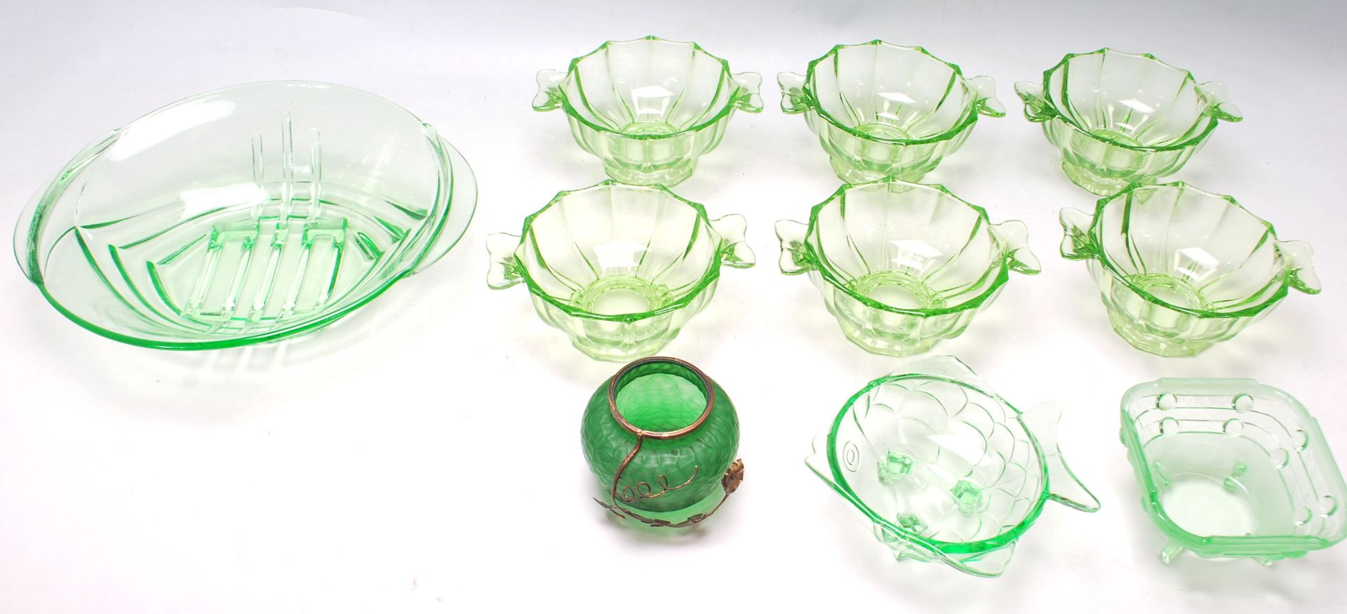 COLLECTION OF ART DECO GREEN GLASS