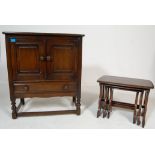 DARK ELM OLD COLONIAL CUPBOARD AND NEST OF TABLES