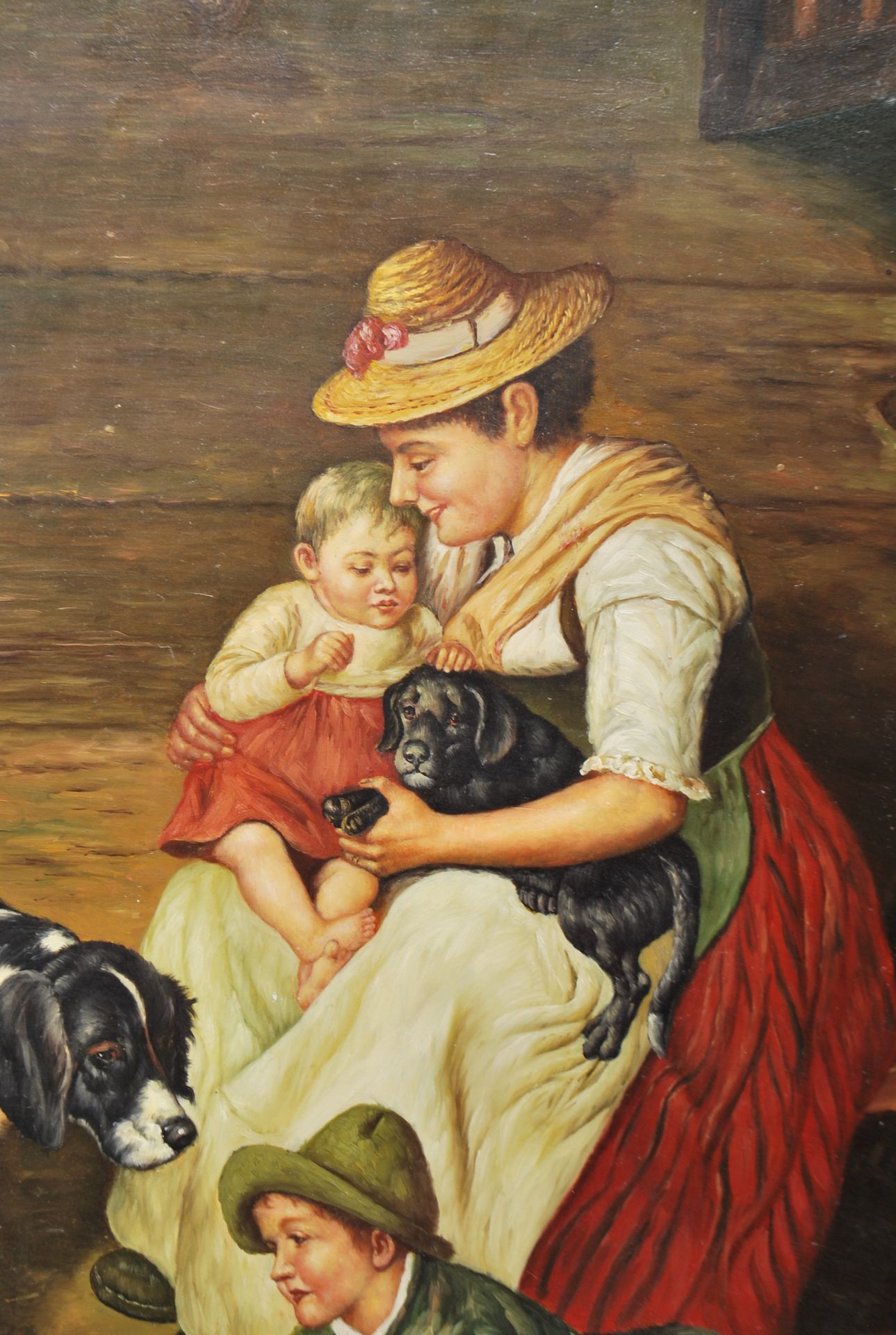 VINTAGE MID CENTURY VICTORIAN REVIVAL OIL ON BOARD PAINTING OF A YOUNG FAMILY PLAYING WITH PUPPIES - Image 3 of 5