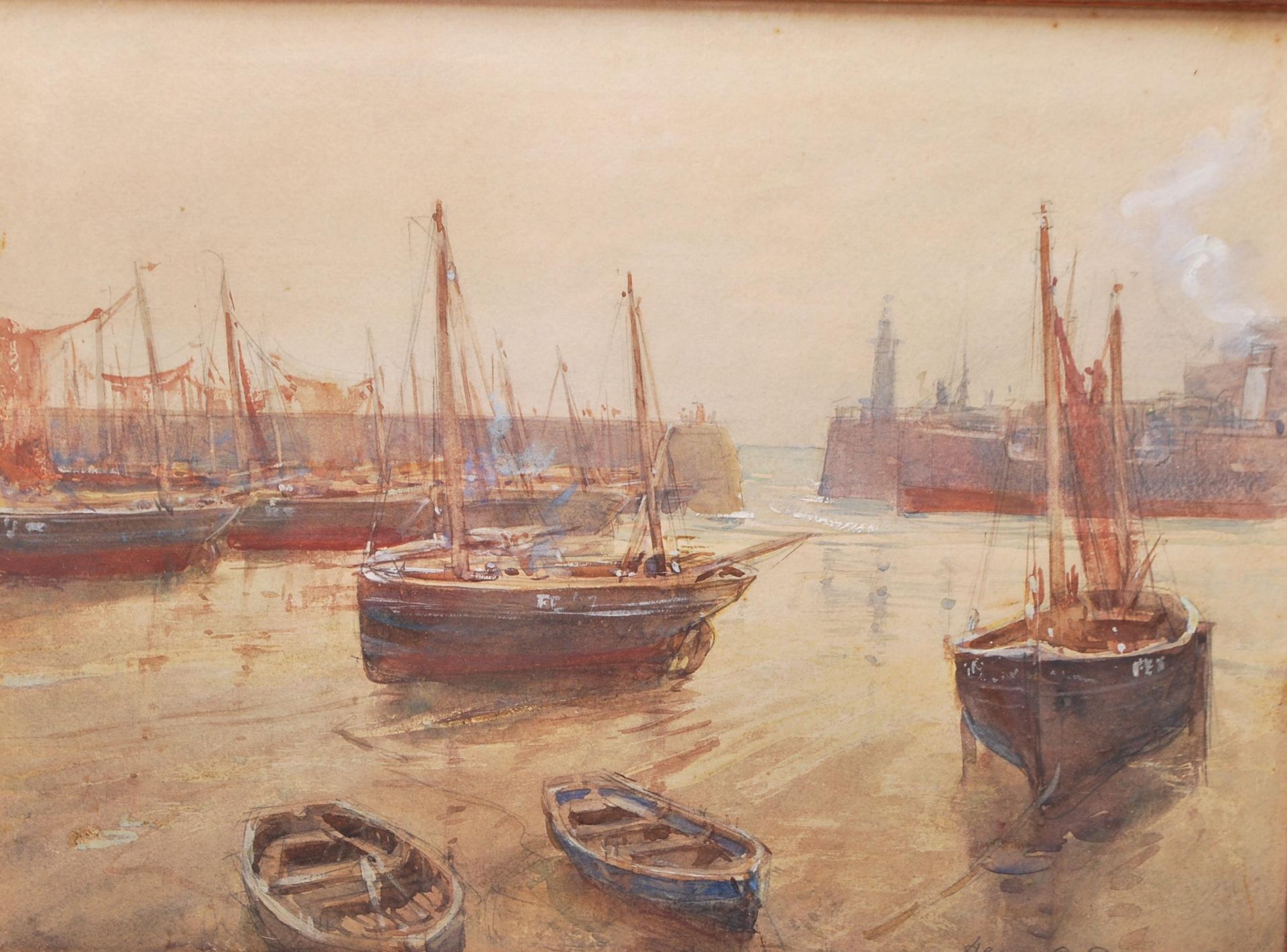 HENRY C. BREWER R.I. (1866-1950) - FOLKESTONE HARBOUR - FISHING SMACKS - Image 2 of 6