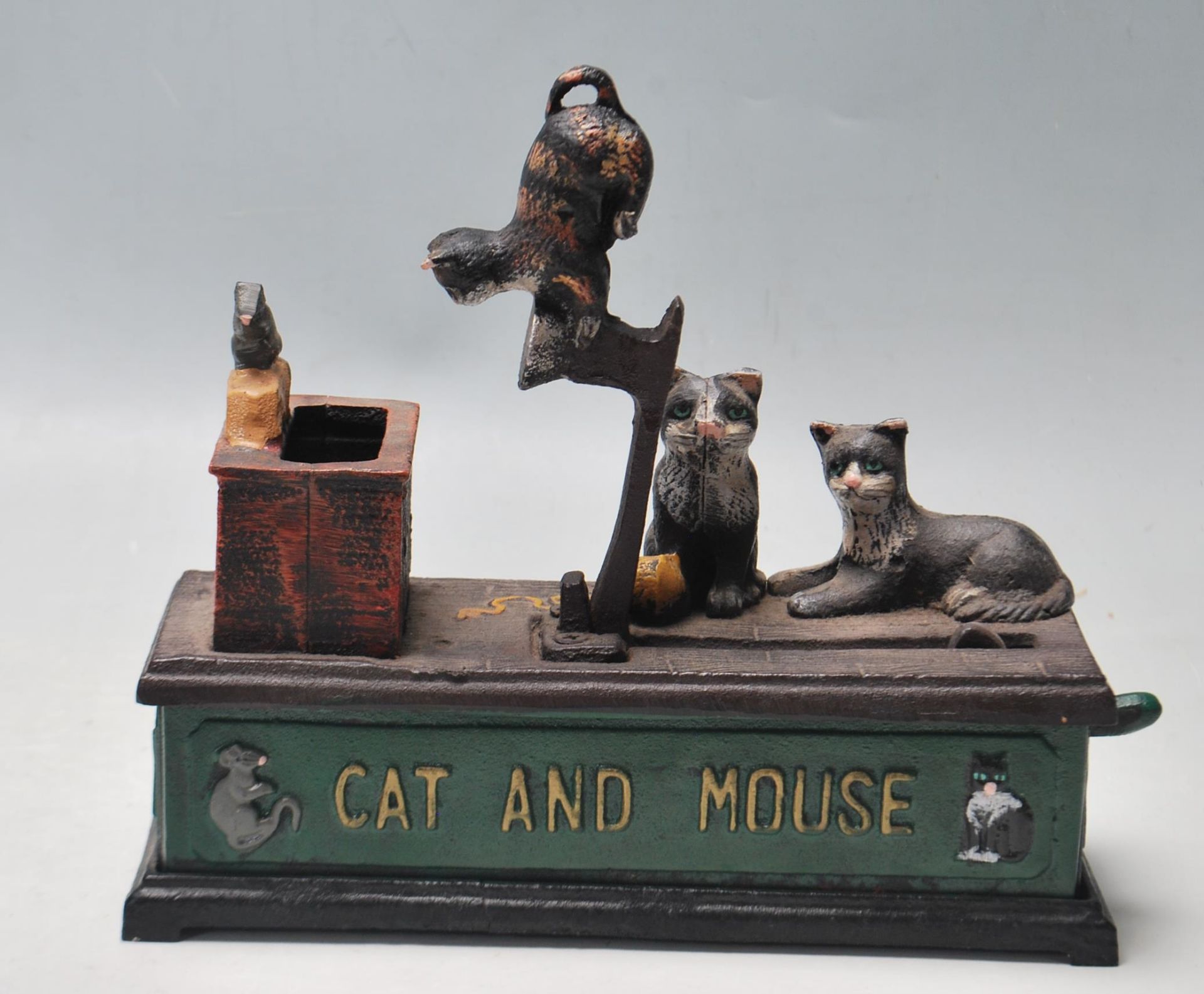 VINTAGE STYLE CAST IRON SPRING LOADED METAMORPHIC CAT AND MOUSE MONEY BANK - Image 5 of 6