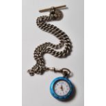 ANTIQUE GUILLOCHE ENAMEL FOB WATCH AND CHAIN