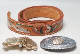 VINTAGE AMERICAN TAN BROWN LEATHER BELT AND METAL BUCK WITH AMERICAN INDIAN DECORATION