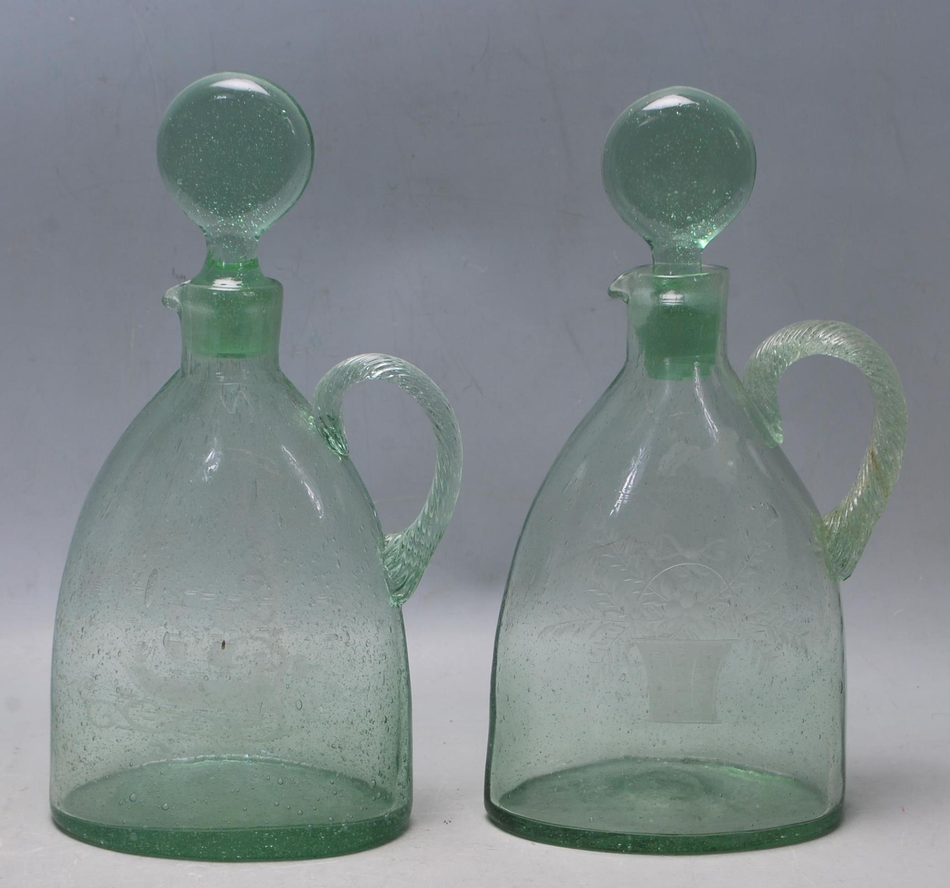 TWO 18TH CENTURY GREEN GLASS GEORGIAN DECANTERS WITH SPIRAL HANDLES - Image 2 of 5