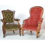 MAHOGANY VICTORIAN SPOON BACK ARMCHAIR ALONG WITH A SIMILAR ARMCHAIR WITH CARVED DETAILING