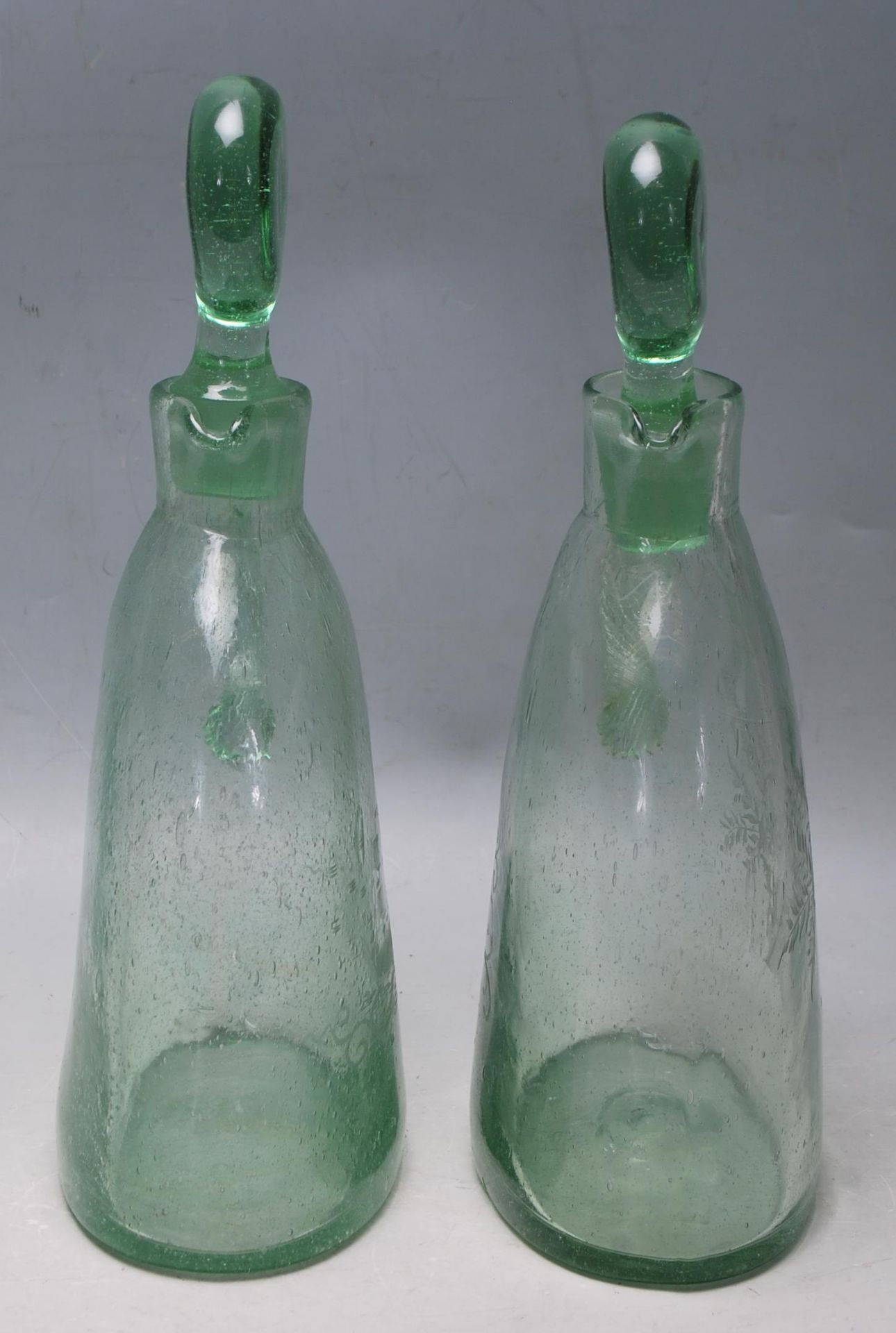 TWO 18TH CENTURY GREEN GLASS GEORGIAN DECANTERS WITH SPIRAL HANDLES - Image 3 of 5