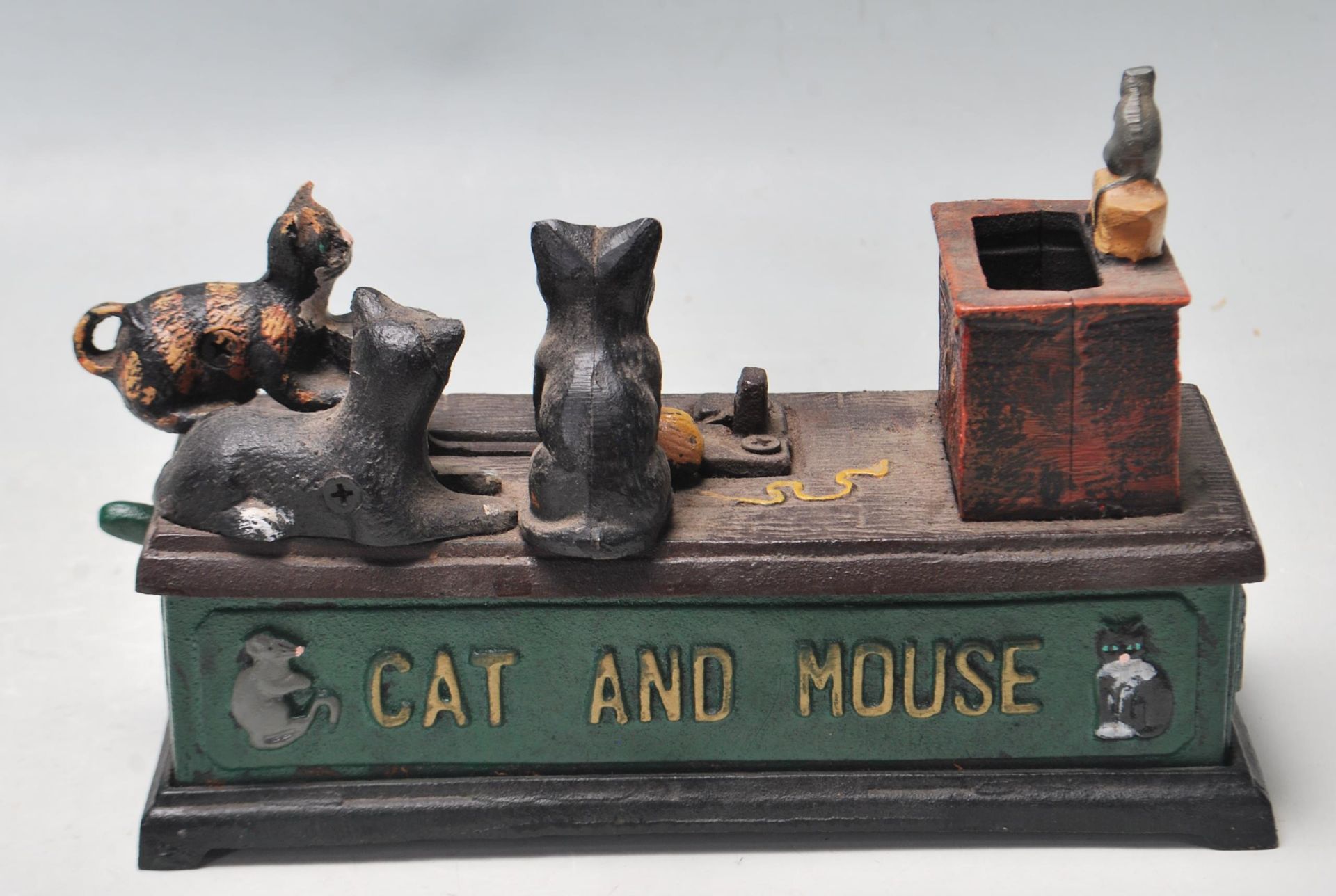 VINTAGE STYLE CAST IRON SPRING LOADED METAMORPHIC CAT AND MOUSE MONEY BANK - Image 3 of 6