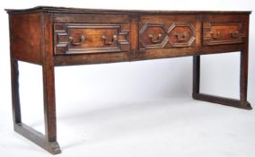 RARE 17TH CENTURY OAK BLOCK FRONTED THREE DRAWER DRESSER BASE