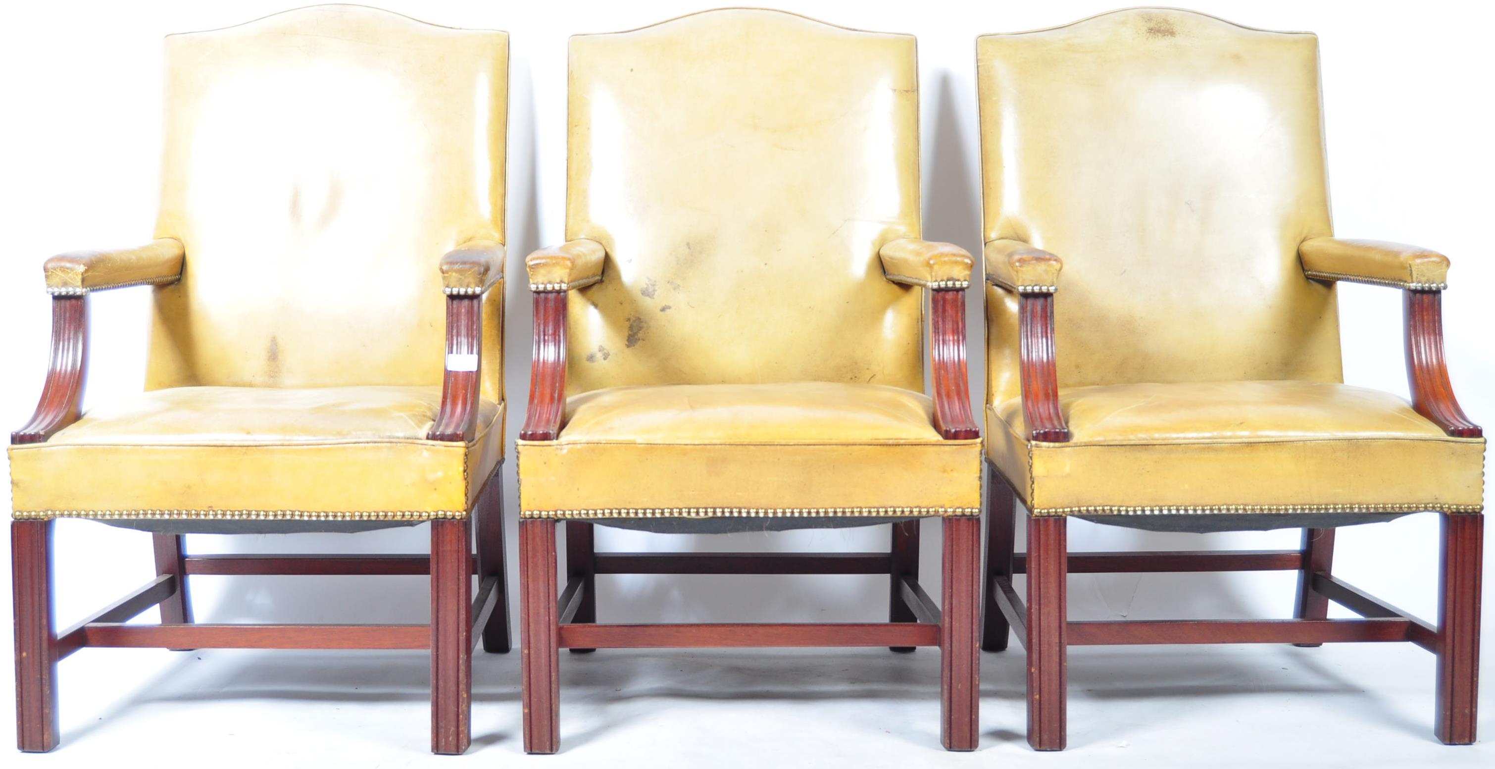 INCREDIBLE SET OF THREE LEATHER AND MAHOGANY GAINSBOROUGH CHAIRS