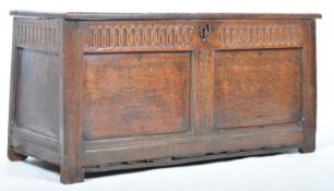 18TH CENTURY ANTIQUE OAK THREE PANEL TOP COFFER RAISED ON STRAIGHT LEGS