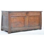 18TH CENTURY ANTIQUE OAK THREE PANEL TOP COFFER RAISED ON STRAIGHT LEGS