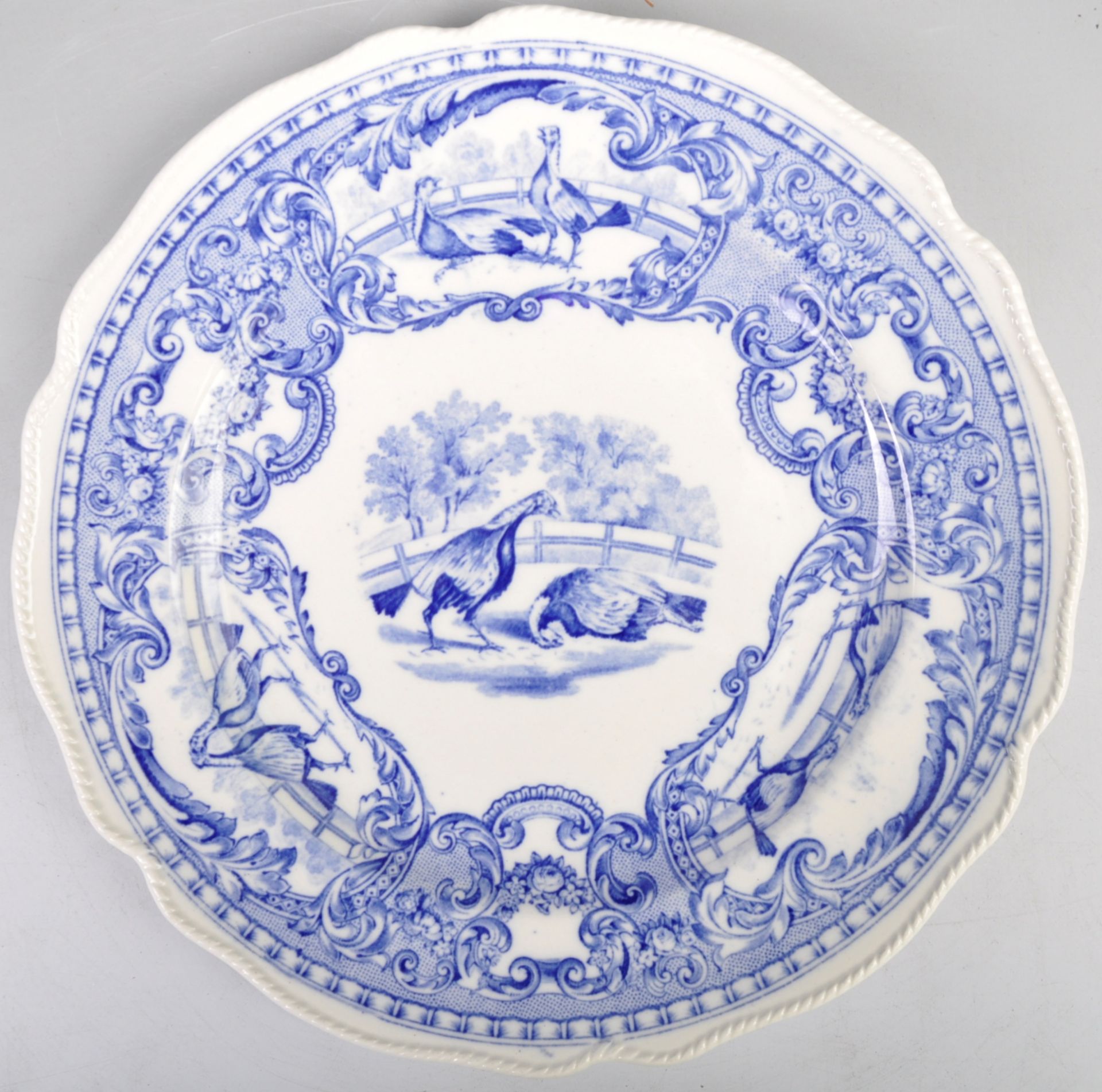 ANTIQUE COPELAND SPODE BLUE AND WHITE COCKFIGHTING PLATE