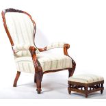 19TH CENTURY VICTORIAN WALNUT ARMCHAIR AND MATCHING FOOTSTOOL