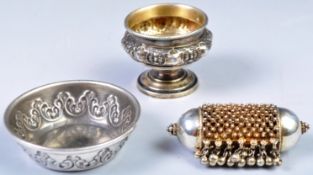 19TH CENTURY SILVER SALT. DISH AND SACRED TEXT HOLDER