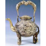 19TH CENTURY CHINESE HEAVY BRONZE TEAPOT WITH DRAGON DECORATION