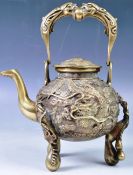 19TH CENTURY CHINESE HEAVY BRONZE TEAPOT WITH DRAGON DECORATION