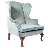 19TH CENTURY ENGLISH ANTIQUE WINGBACK ARMCHAIR IN TEAL BLUE