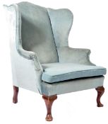 19TH CENTURY ENGLISH ANTIQUE WINGBACK ARMCHAIR IN TEAL BLUE