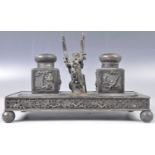 SUPERB 19TH CENTURY CHINESE SILVER AND ZITAN WOOD DESK INKWELL STAND