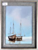 DAVID CHAMBERS - ENGLISH ARTIST - OIL ON BOARD PAINTING OF TWO FISHING BOATS