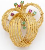 A Signed Mouawad 18ct Gold Ruby & Emerald Brooch Pin