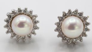 Pair of 9ct White Gold Cultured Pearl and Diamond Cluster Earrings