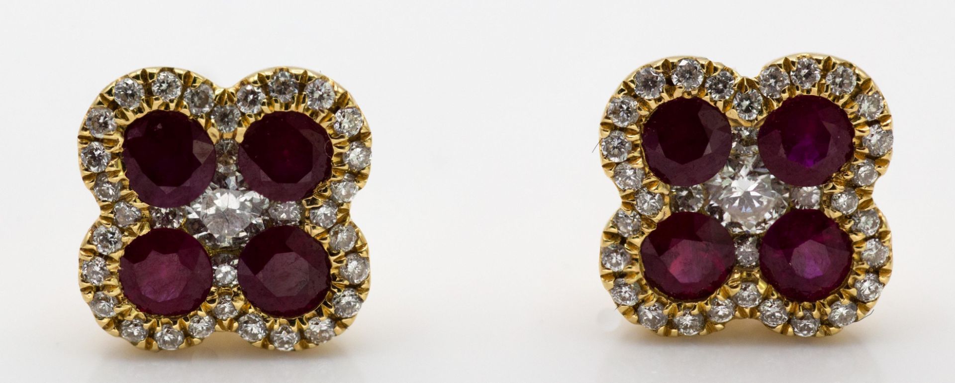 Pair of 18ct Yellow Gold Ruby & Diamond Clover Leaf Earrings