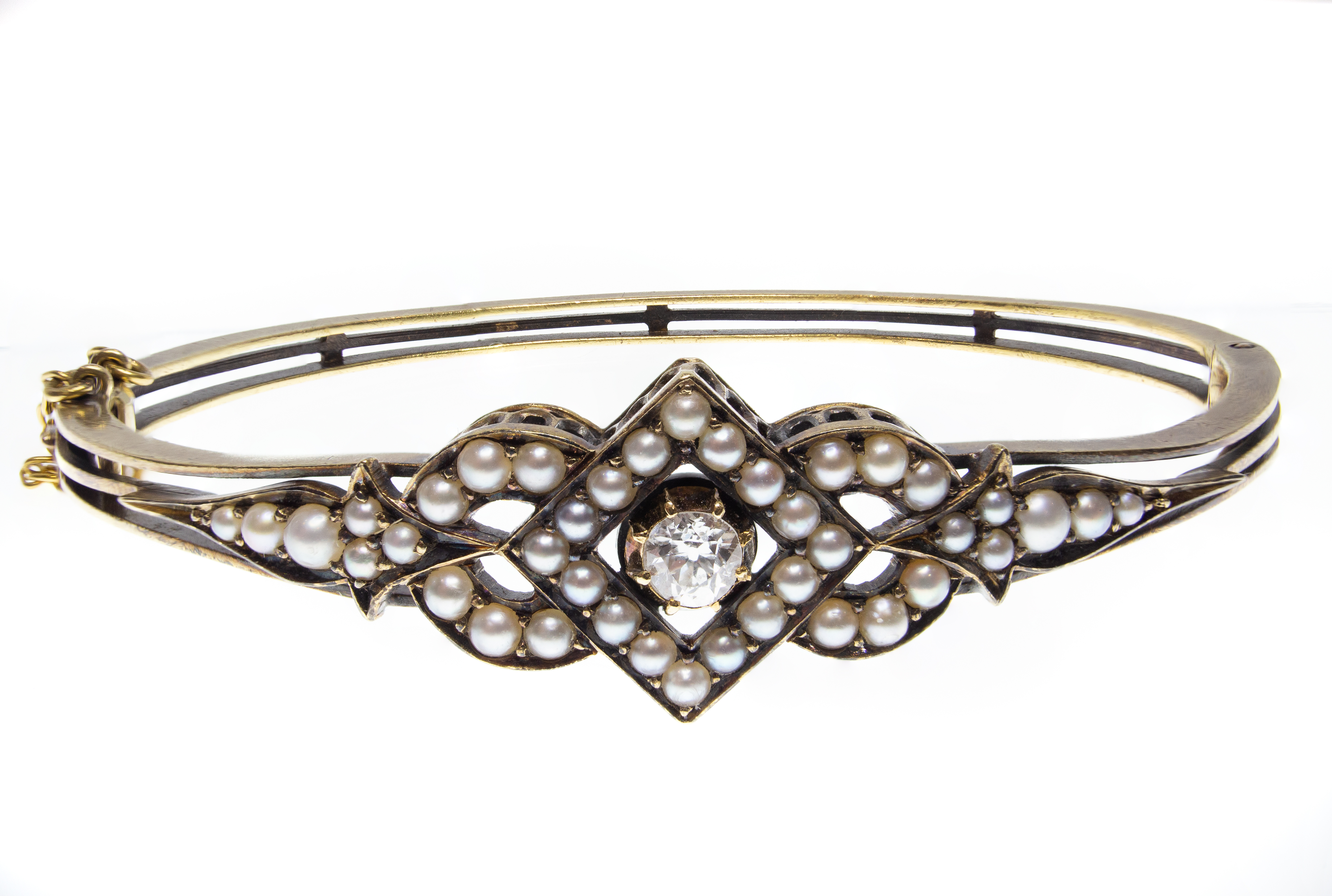 Victorian Gold Diamond & Pearl Bracelet Bangle - Image 2 of 10