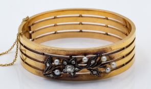 An Antique French 18ct Gold Diamond & Pearl Hinged Bangle