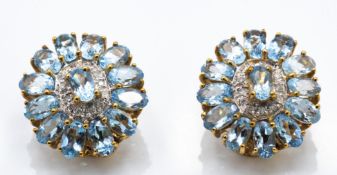 A Pair of 9ct Gold Aquamarine & Diamond Cluster Earrings