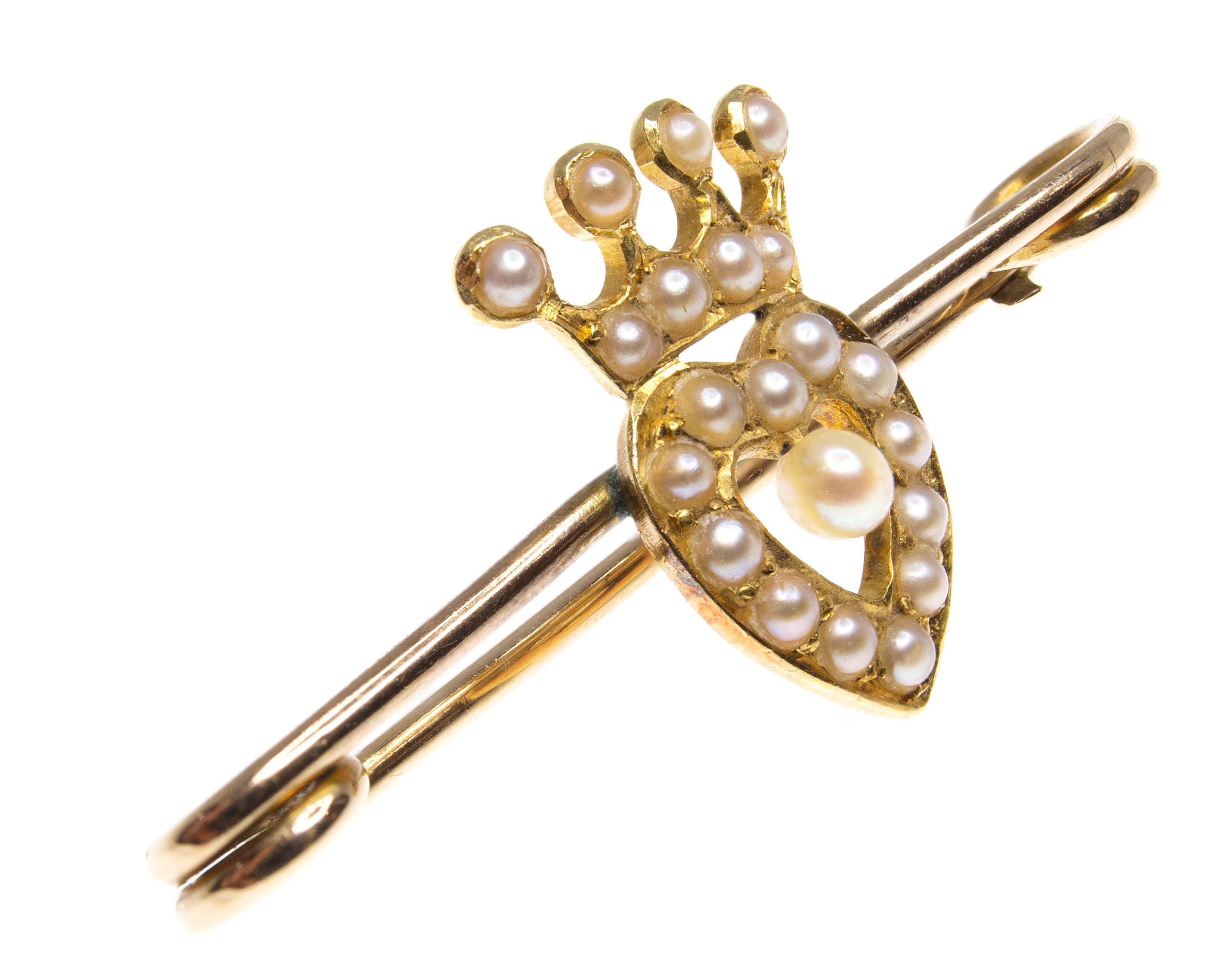 Gold & Seed Pearl Heart & Coronet Pin Brooch - Image 2 of 5