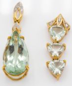 Two 9ct Gold Green Amethyst & Diamond Necklace Pendants