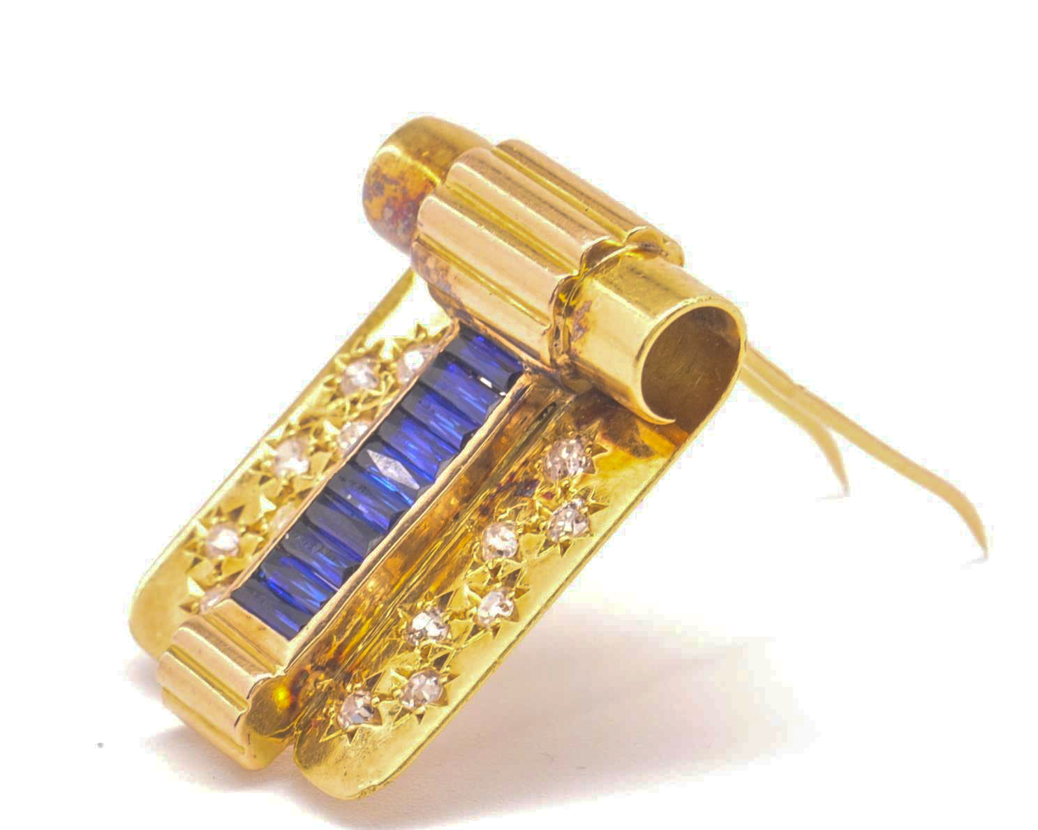 An Art Deco 18ct Gold French Sapphire & Diamond Dress Clip - Image 9 of 14