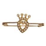 Gold & Seed Pearl Heart & Coronet Pin Brooch