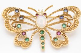 9ct Gold Opal, Sapphire, Emerald and Ruby Butterfly Brooch