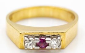 Hallmarked 18ct Ruby & Diamond Three Stone Ring