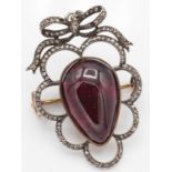 Antique French silver diamond and garnet pendant brooch