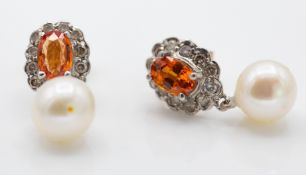 Pair of Yellow Gold 9ct Diamond Citrine & Pearl Drop Earrings