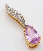 A hallmarked 18ct gold kunzite and diamond necklace pendant