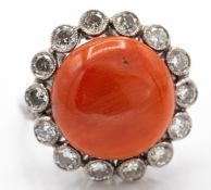 Platinum Diamond & Coral Cabochon Ring.