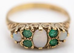 9ct Gold Hallmarked Opal & Emerald Seven Stone Gypsy Ring