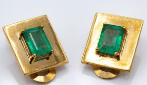 A Pair of 9ct Gold & Zambian Emerald Ear Clips