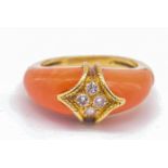 French 18ct Gold Coral & Diamond Dome Ring