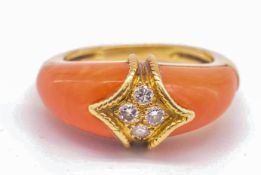 French 18ct Gold Coral & Diamond Dome Ring