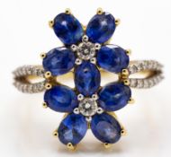 18ct Gold Ceylon Sapphire & Diamond Floral Cluster Ring