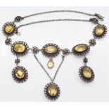 Edwardian Silver & Citrine Festoon Necklace Ring Earrings Parure