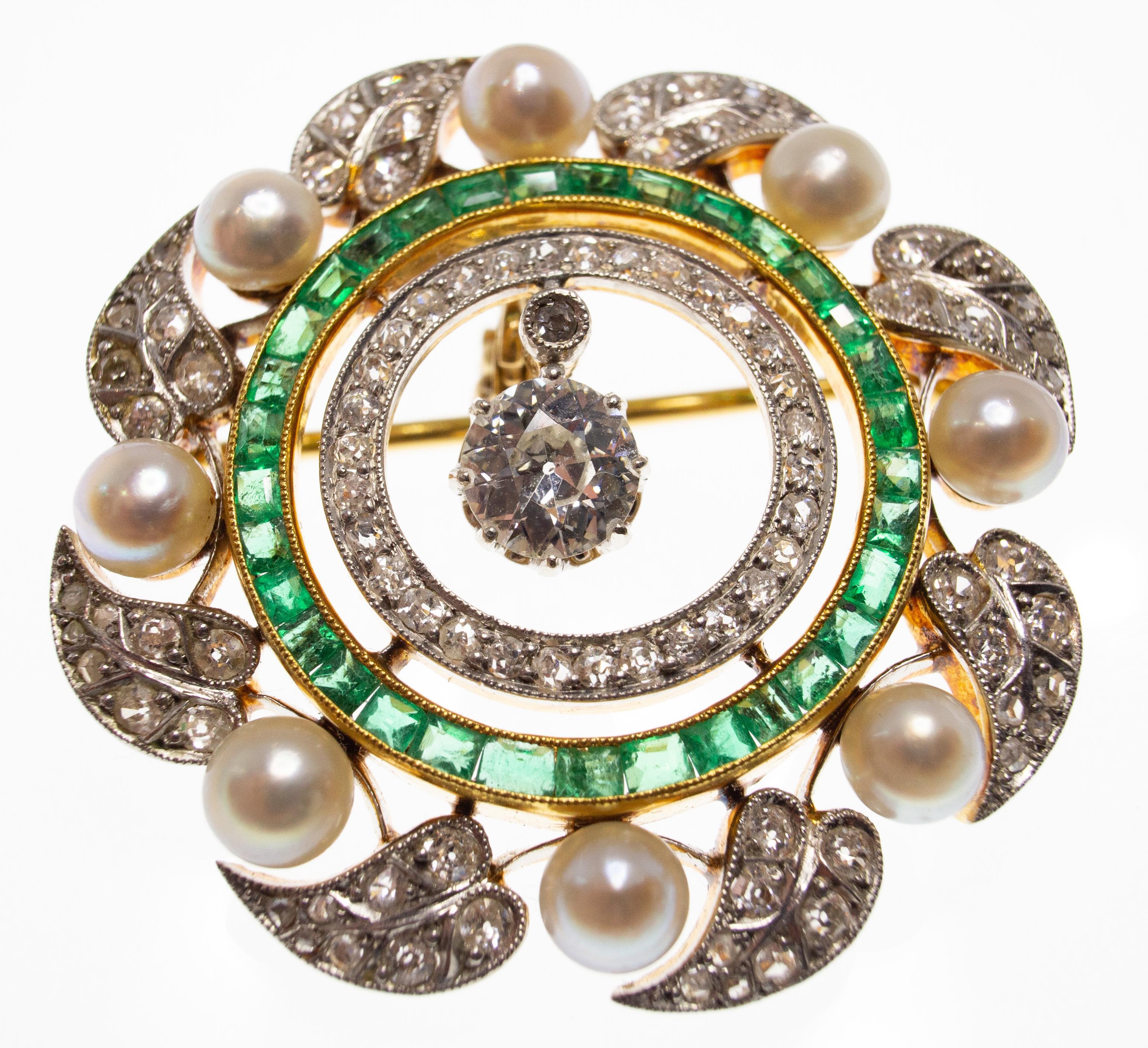 18ct Gold Emerald and Diamond Garland Brooch Pendant