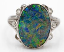 An Art Nouveau Platinum Black Opal & Diamond Ring